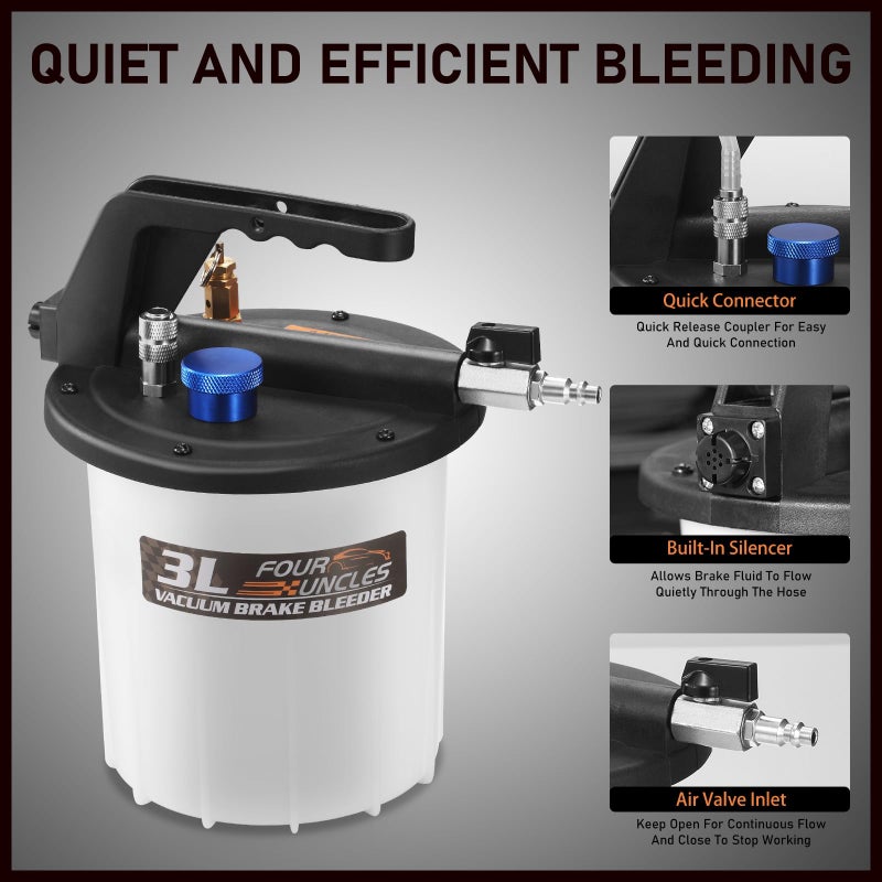 FOUR UNCLES 3L Brake Bleeder Vacuum Pump Kit - Pneumatic Brake Fluid Extractor with 1L Refilling Bottle & Adapters for Automotive Bleeding  One-Person Operation - Image 3